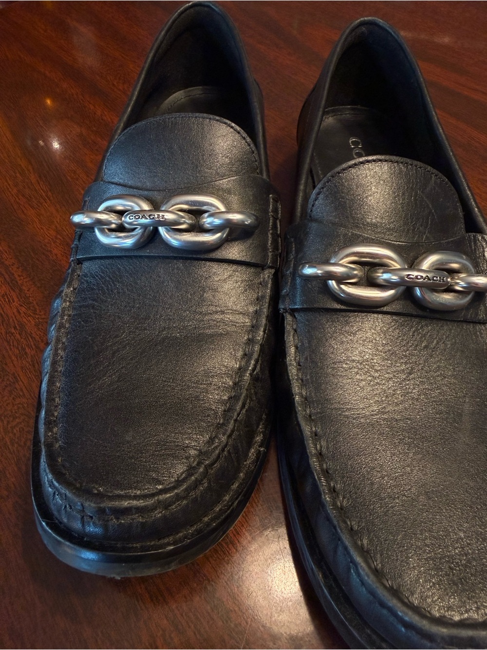 Coach Black Leather Loafers with Silver Chain Accent